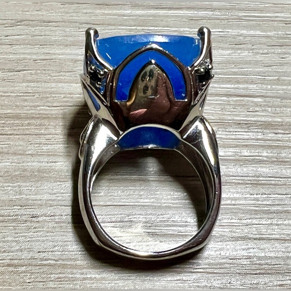 Vintage Designer Signed (SX) Sterling Silver Blue Jade & Sapphire Ring, Size 6 - Picture 8 of 14